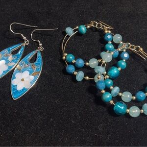 Abalone shell Blue and Silver Floral Earrings Set